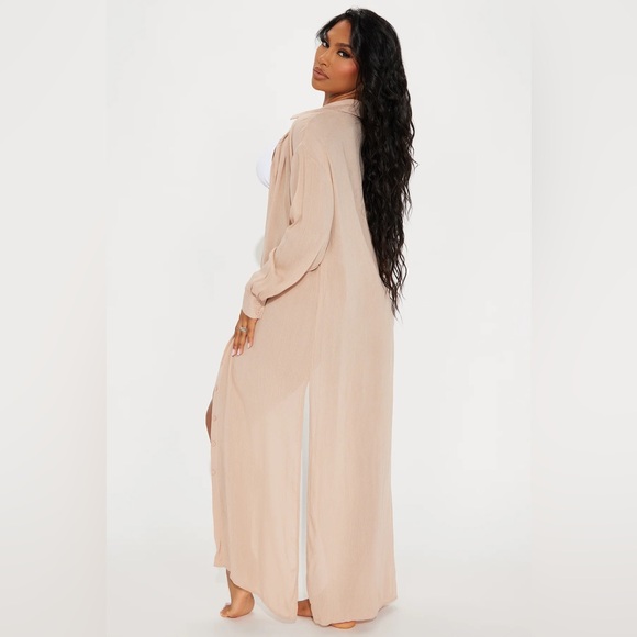 Fashion Nova Breezy Nights Linen Swim Cover Up Kimono - Taupe Small - Picture 4 of 6